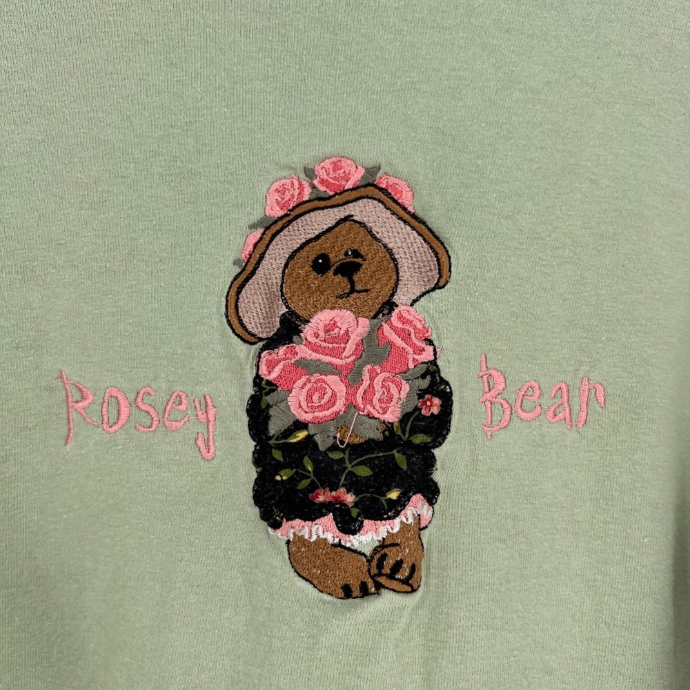VTG Rosey‎ Bear Embroidered T Shirt Womens XL Green Short Sleeve Posy Bear Top - Picture 4 of 12